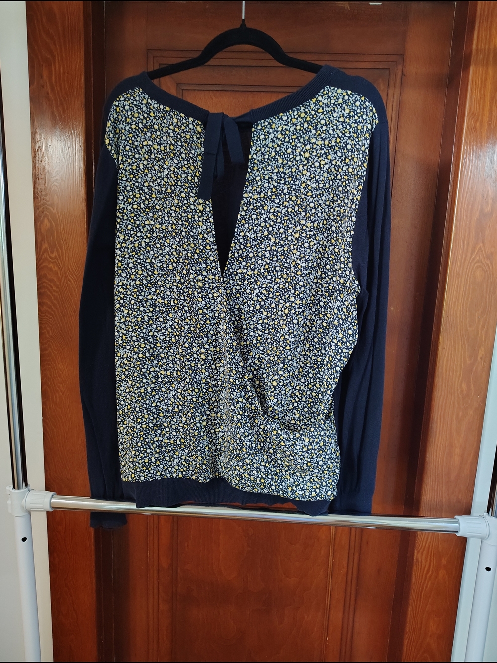 LOFT Navy Floral-Print Long Sleeve Top with Back Tie